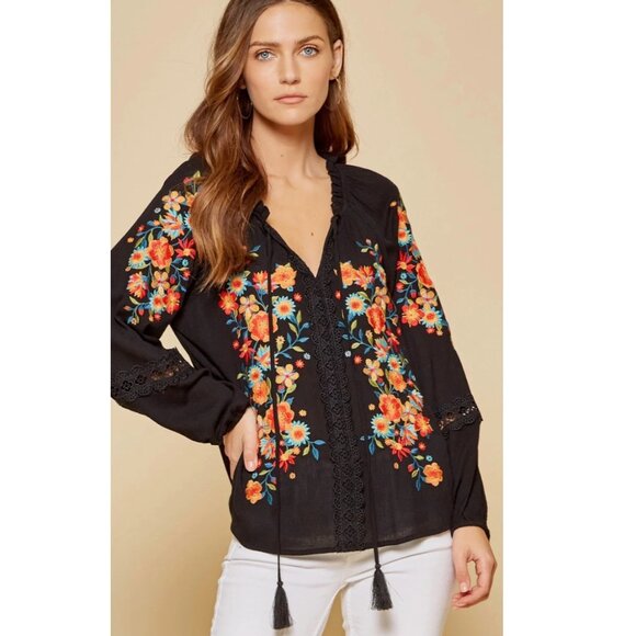 Savannah Jane Embroidered Black Boho Top Blouse Peasant Floral Lace Large - Picture 2 of 11